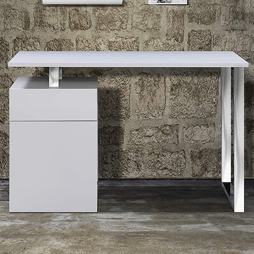 Centurion Supports Calista Single Door Single Drawer Computer Desk Gloss White and Brushed Steel Image 1