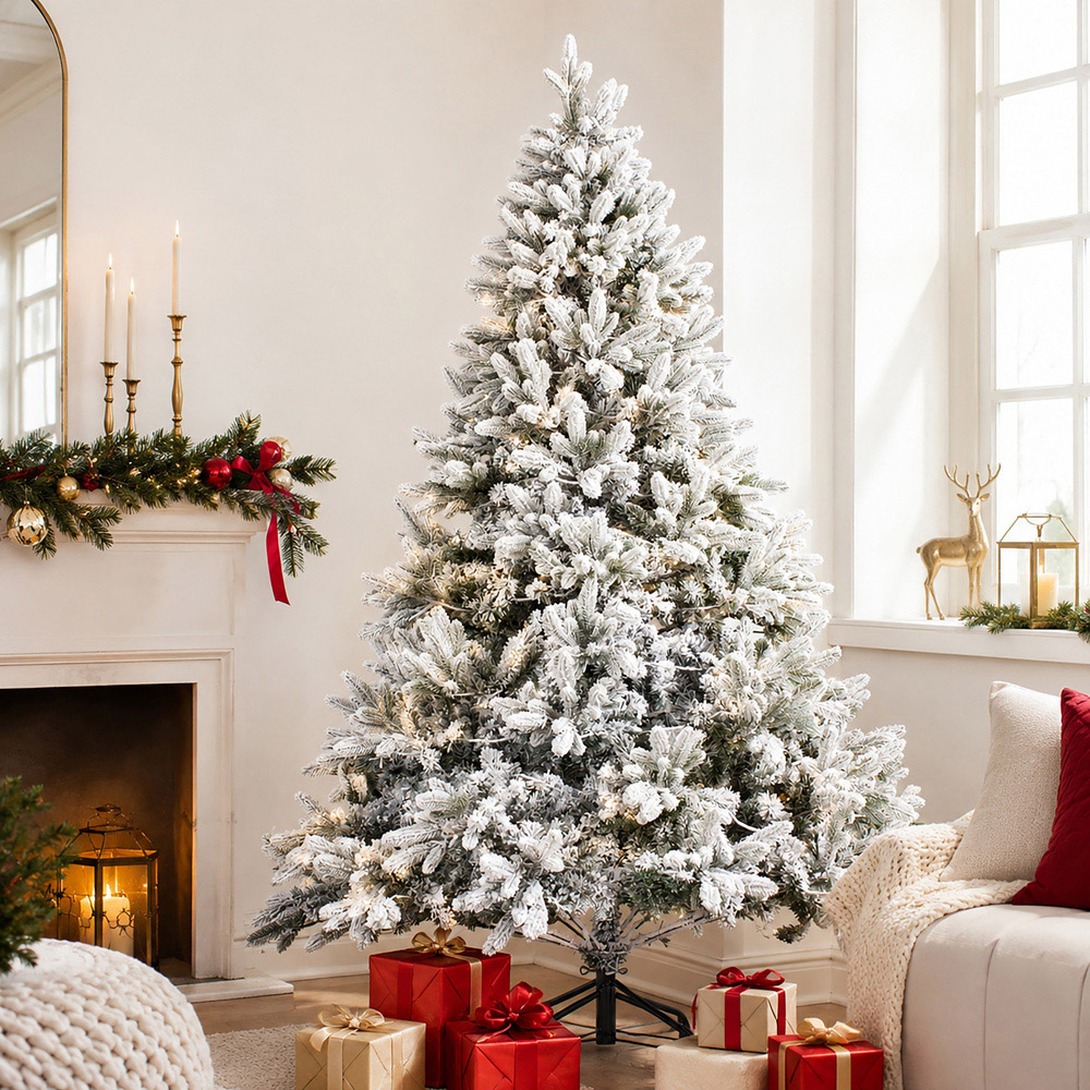 Abrihome 300 Warm White LED Pre-Lit Snow Flocked Artificial Christmas Tree with 800 Mixed Tips 6ft Image 3