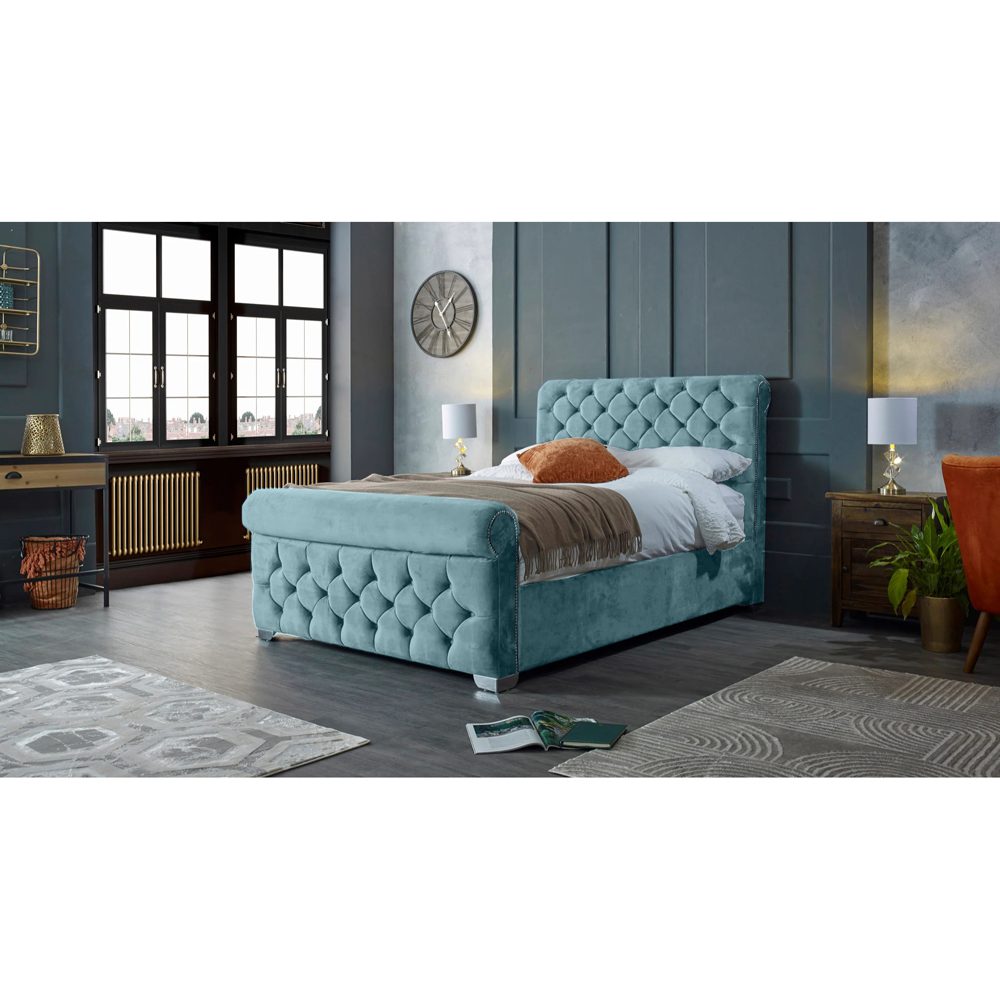 Eleganza Home Veneta King Size Duck Egg Plush Velvet Bed Frame with Chesterfield Headboard Image 4