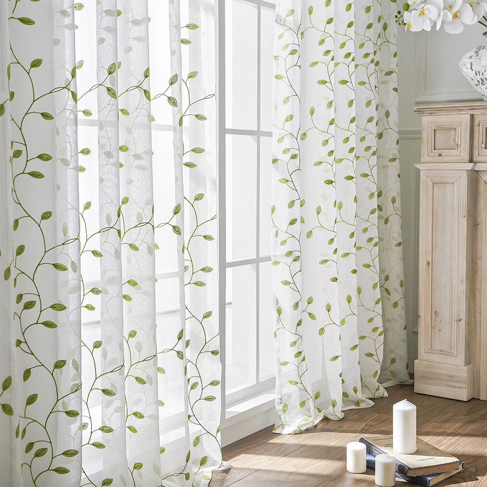 Living and Home Green Vine Embroidered Semi-Sheer 2 Panel Curtains 130 x 210cm Image 7