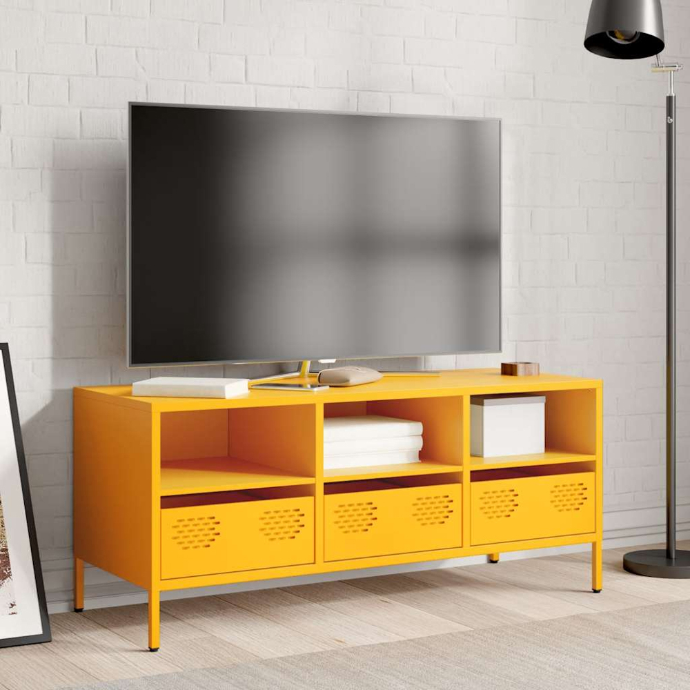 vidaXL 3 Drawer 3 Shelf Mustard Yellow Cold-Rolled Steel TV Cabinet Image 7