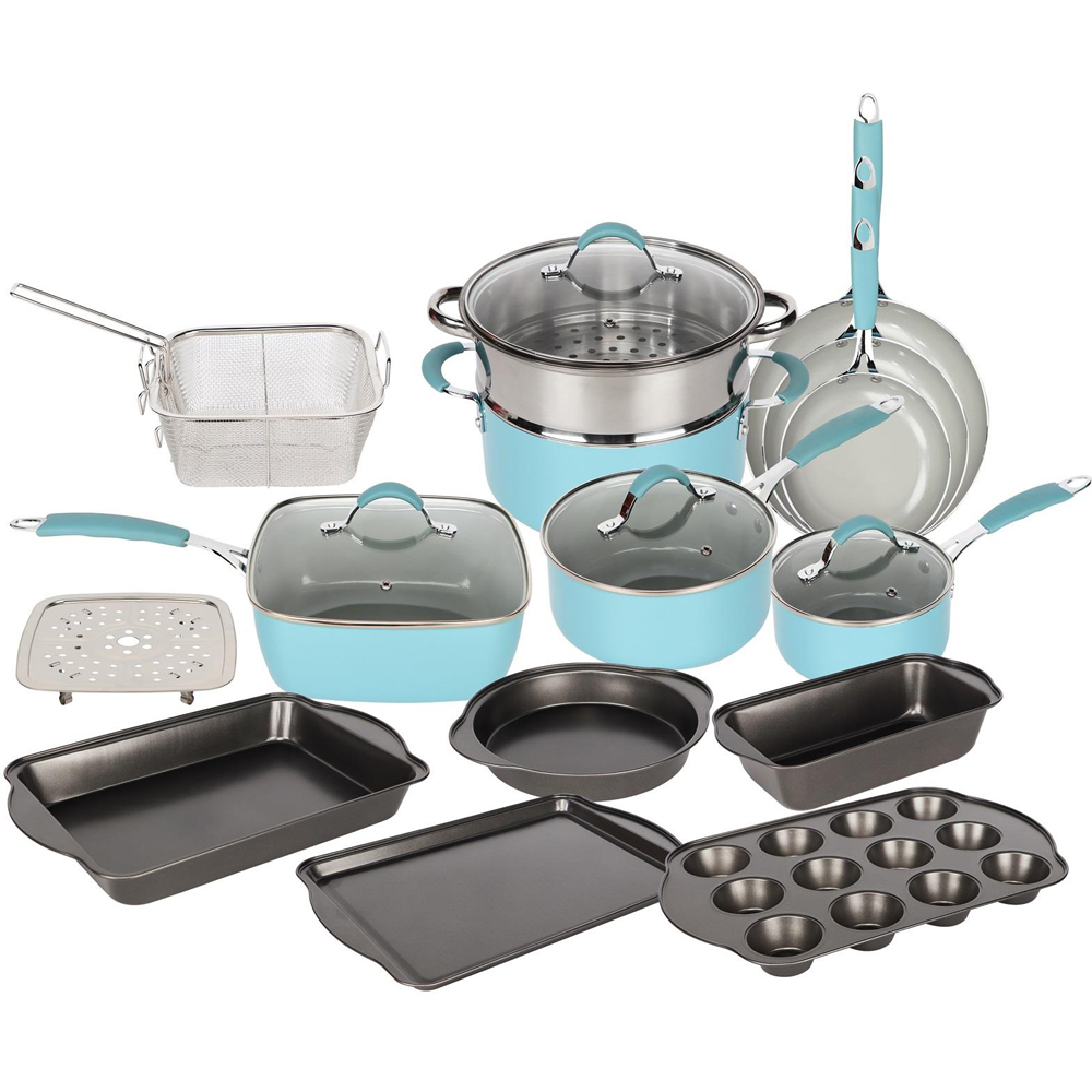 Blue and Dove Grey 19 Piece Non Stick Aluminium Induction Cookware Set Image 1