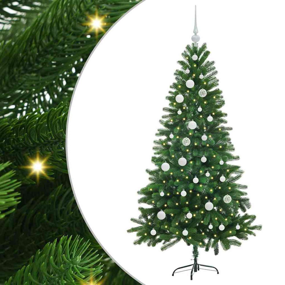 vidaXL Pre-Lit White Baubles Green Artificial Christmas Tree 5ft Image 2