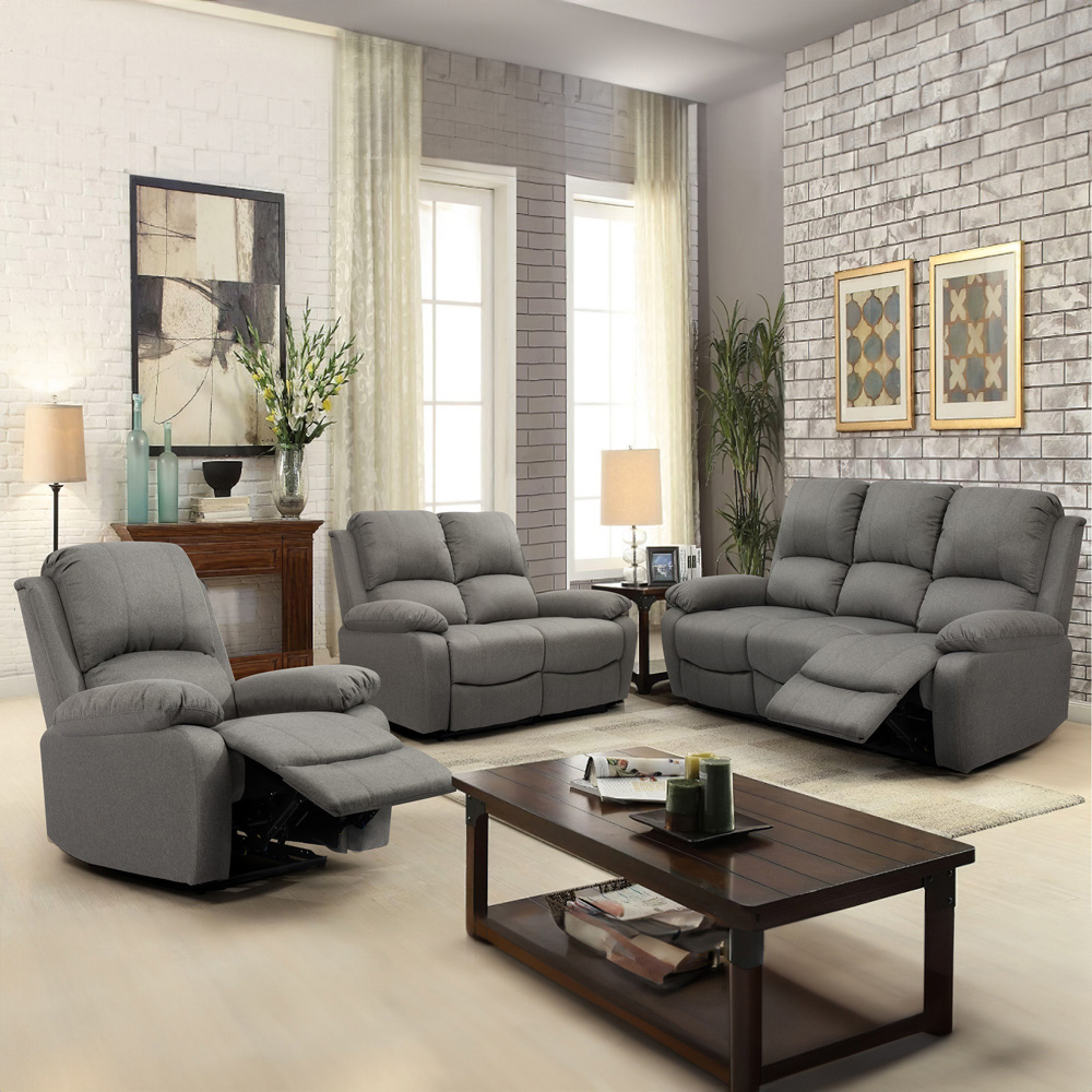 Brooklyn 6 Seater Light Grey Luxury Fabric Reclining Sofa Set Image 1