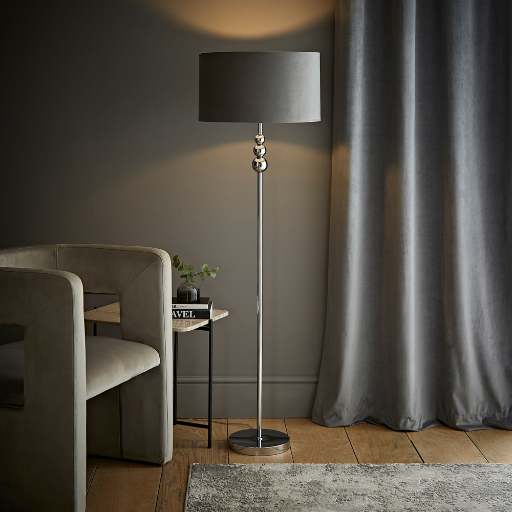 ValueLights Marissa Reni Grey Velvet Shade and Chrome Ball LED Floor Lamp Image 2
