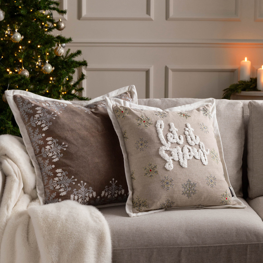 Paoletti Winter Bloom Embroidered Taupe Cotton Velvet Cushion 50 x 50cm Image 5