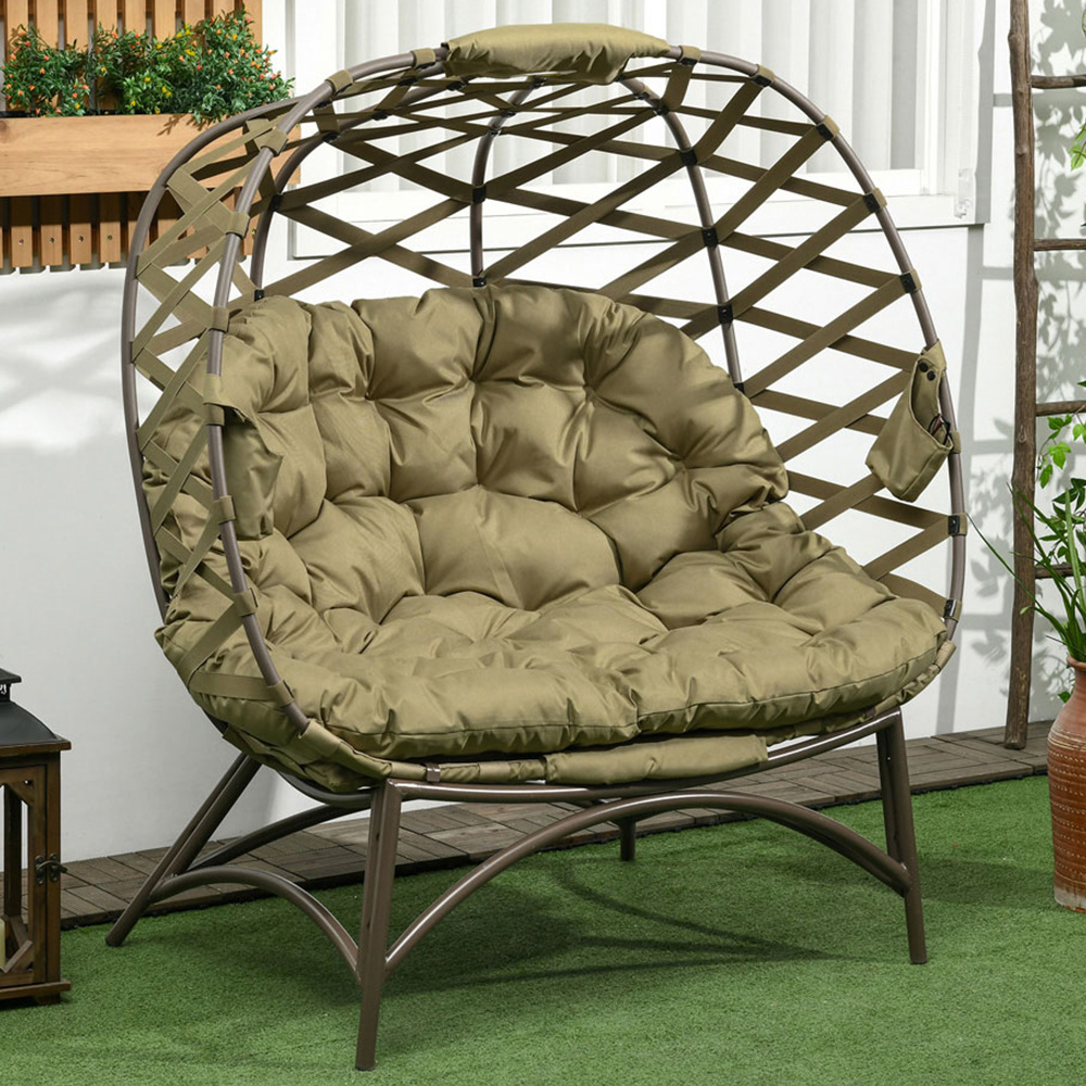 Outsunny 2 Seater Khaki Outdoor Egg Chair with Cushion Image 1
