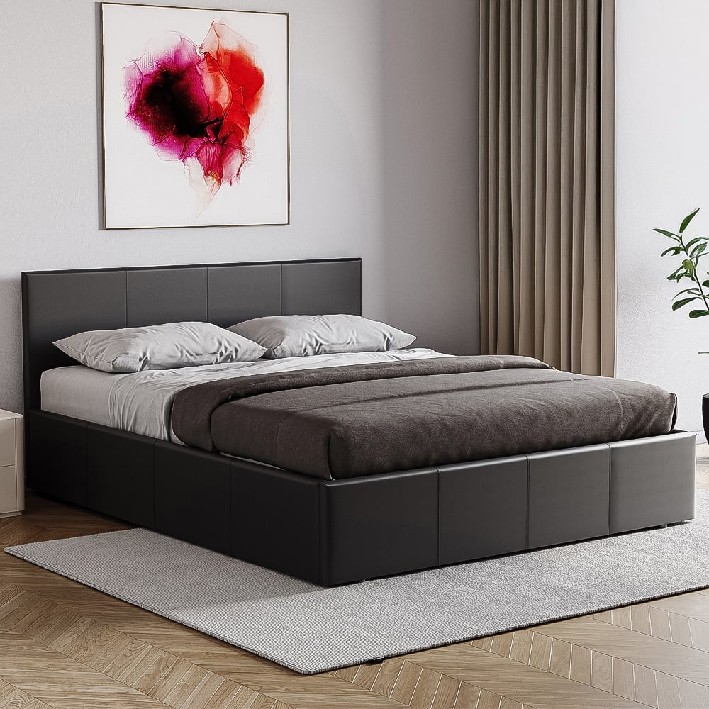 Vida Designs Lisbon King Size Black Faux Leather Ottoman Bed Image 1