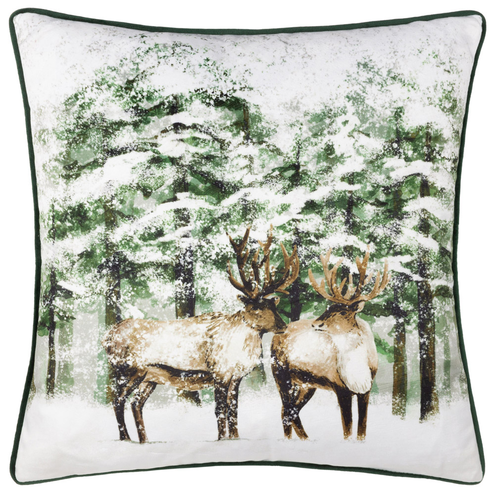 furn. Classic Green Reindeer Velvet Piped Cushion Image 1