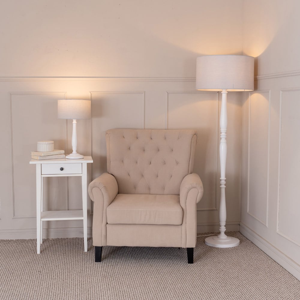 ValueLights Victoria Grey Fabric Drum Shade White Wood Traditional LED Table Lamp Image 6