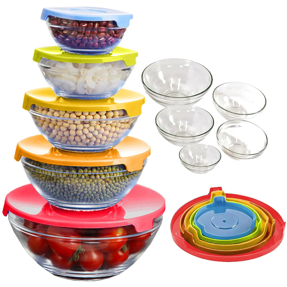 ATEK 5 Piece Stackable Glass Food Storage Bowl Set with Colour Lids Image 2