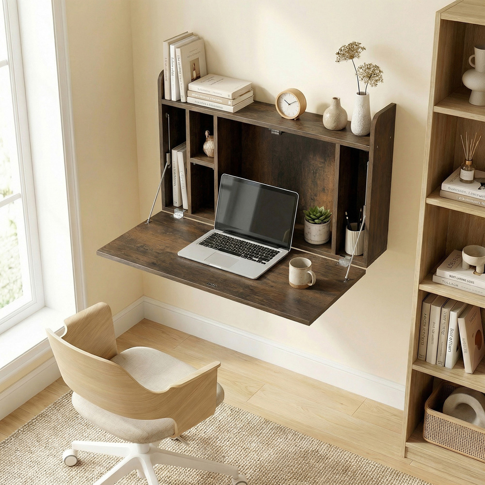 Portland Single Shelf Dark Brown Wall Mounted Table with Hidden Storage Compartments Image 5