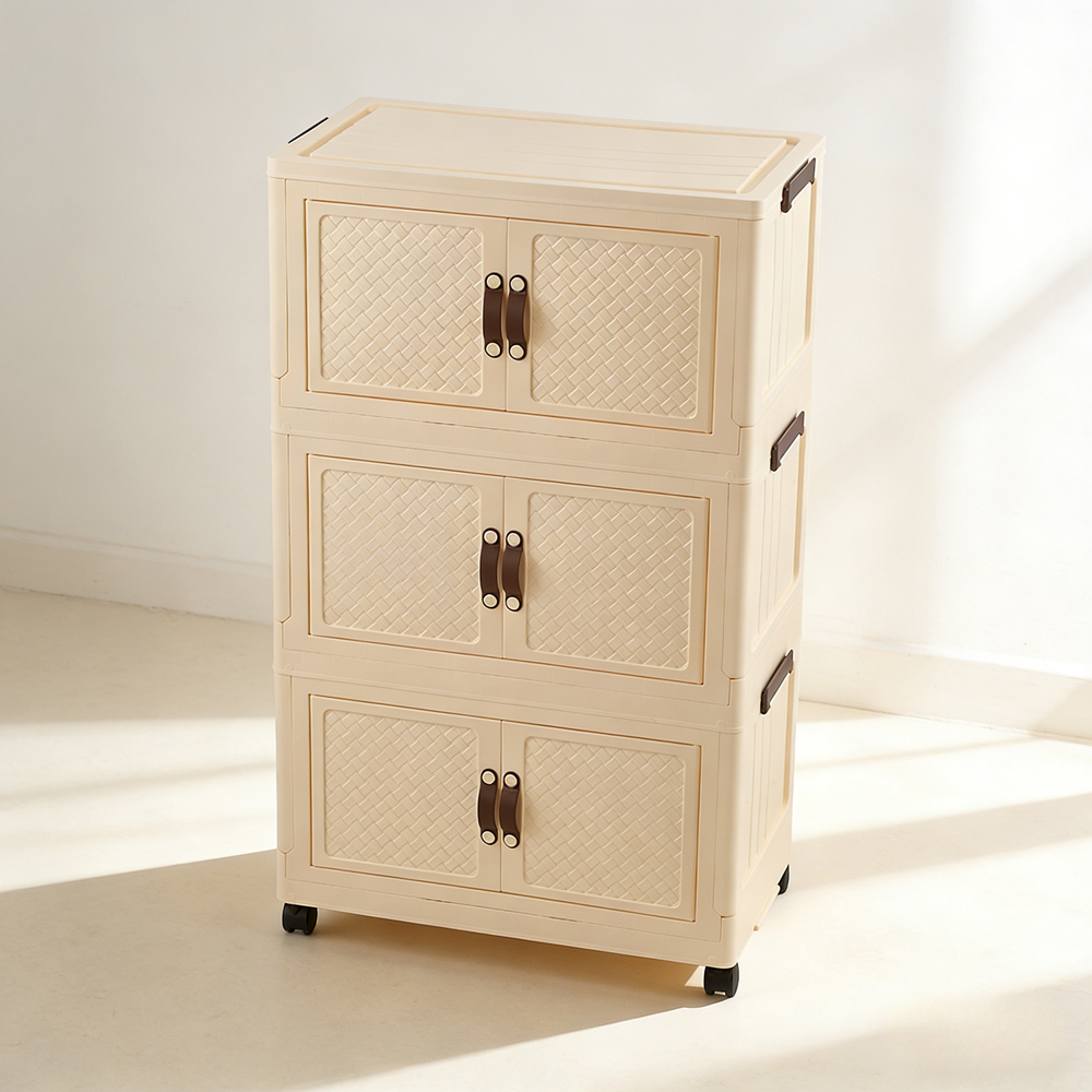 Living and Home 3-Tier Cream Foldable Storage Cabinet with Castors Image 7