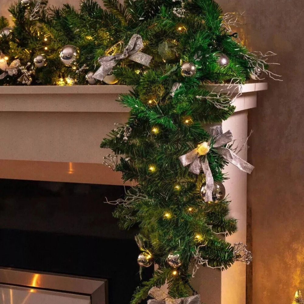 Marco Paul Pine Effect Artificial LED Christmas Garland with Silver Baubles 270cm Image 5