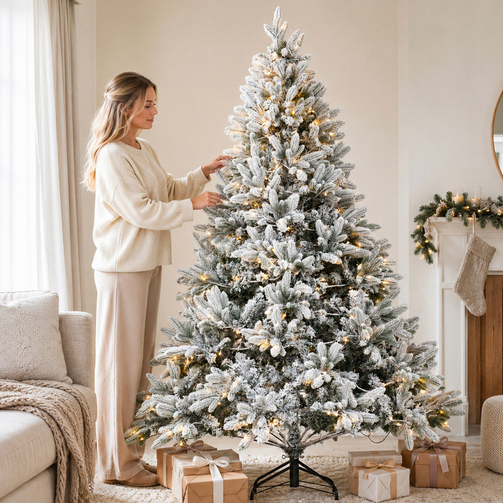 Abrihome 300 Warm White LED Pre-Lit Snow Flocked Artificial Christmas Tree with 800 Mixed Tips 6ft Image 4