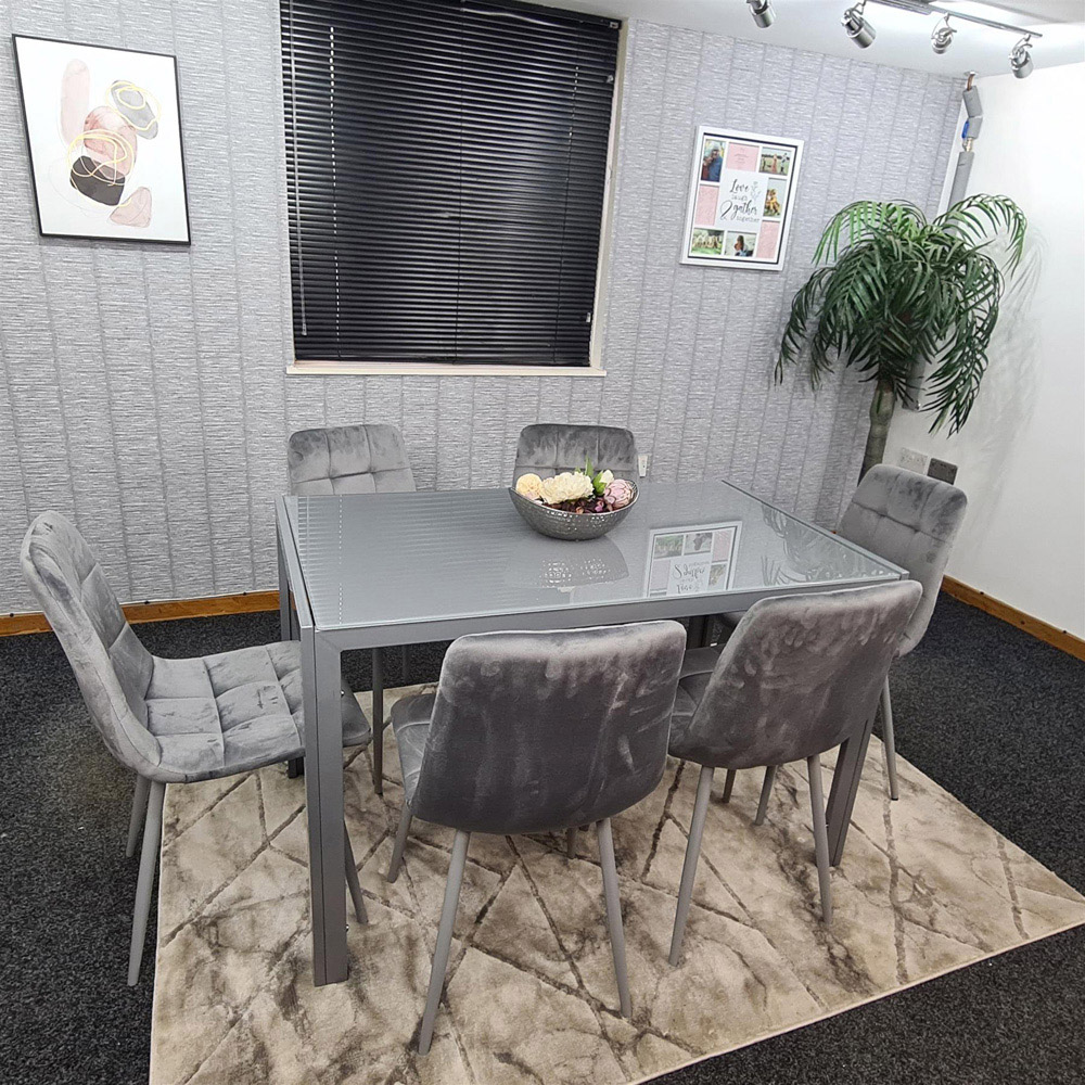 Kosy Koala 6 Seater Glass and Velvet Rectangular Dining Set Grey Image 2