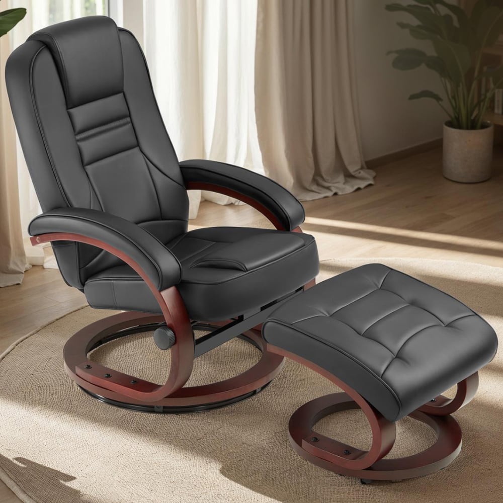 tectake William Black Swivel Armchair with Stool Image 1