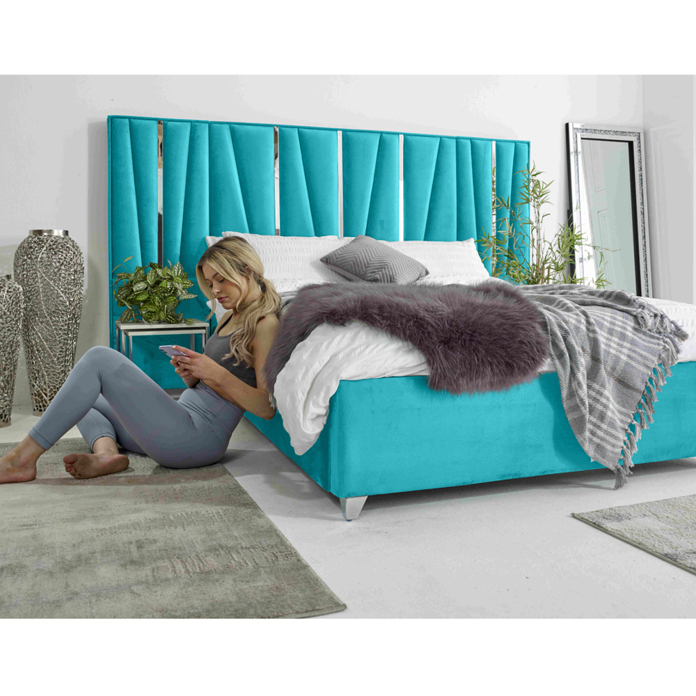 Eleganza Mila Small Double Teal Plush Velvet Bed Frame with Lined Headboard Image 6