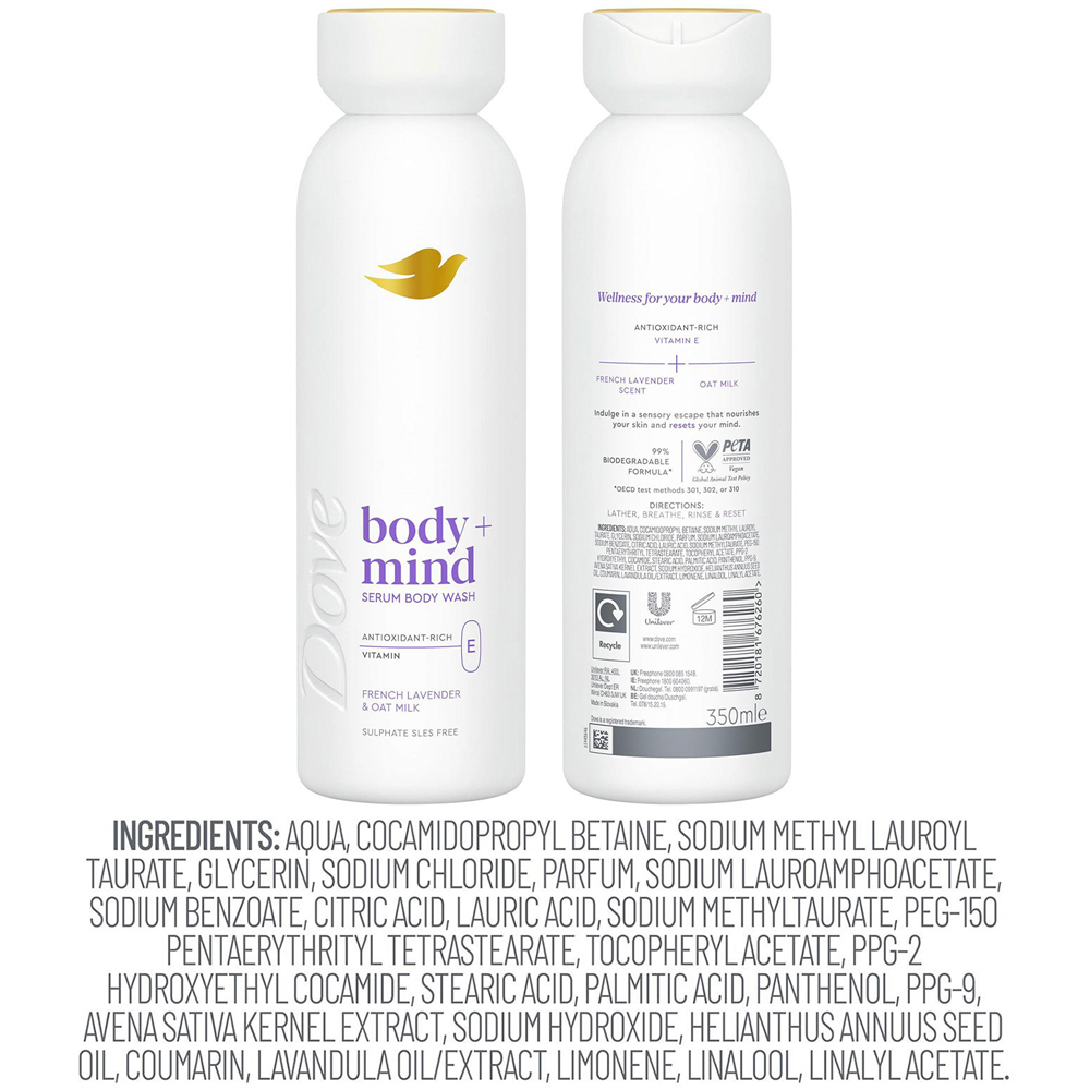 Dove Body+Mind French Lavender and Oat Milk Vitamin E Serum Body Wash 350ml 6 Pack Image 7