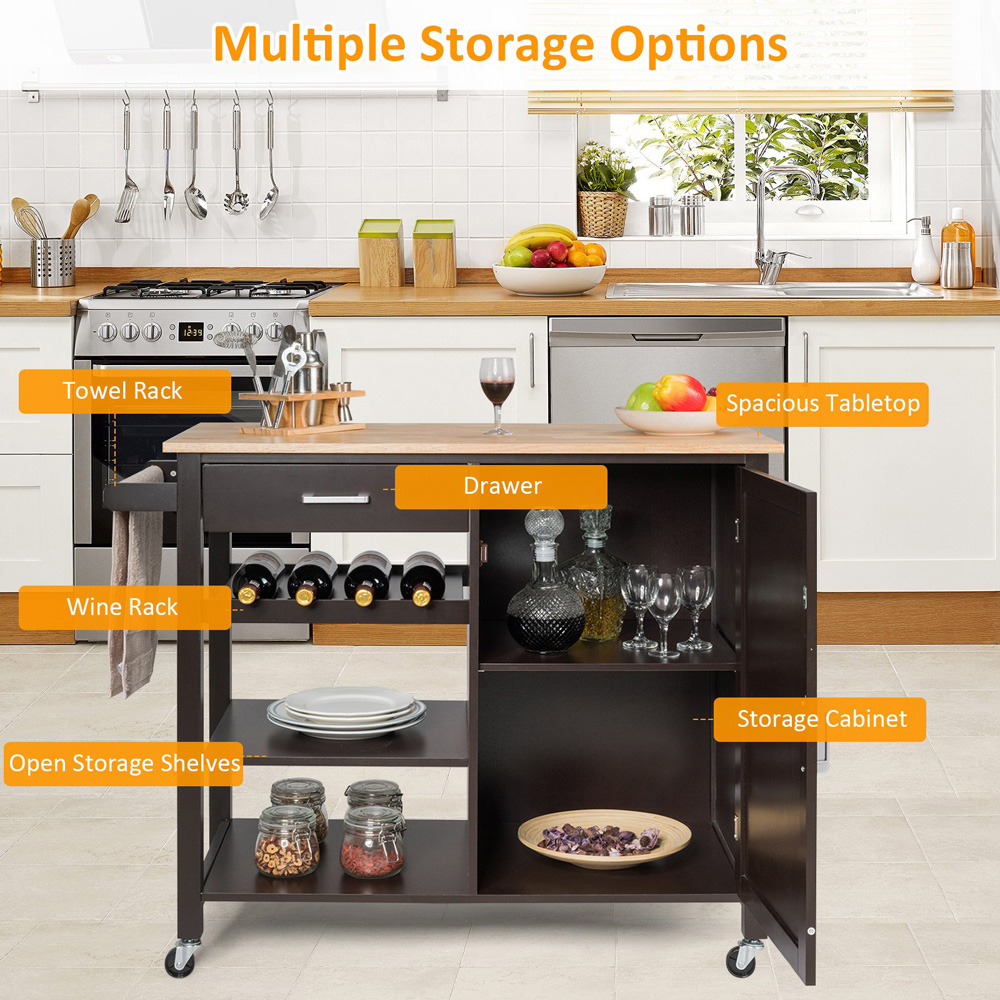 Costway Brown Rolling Kitchen Island Cart with Wine Rack Image 4