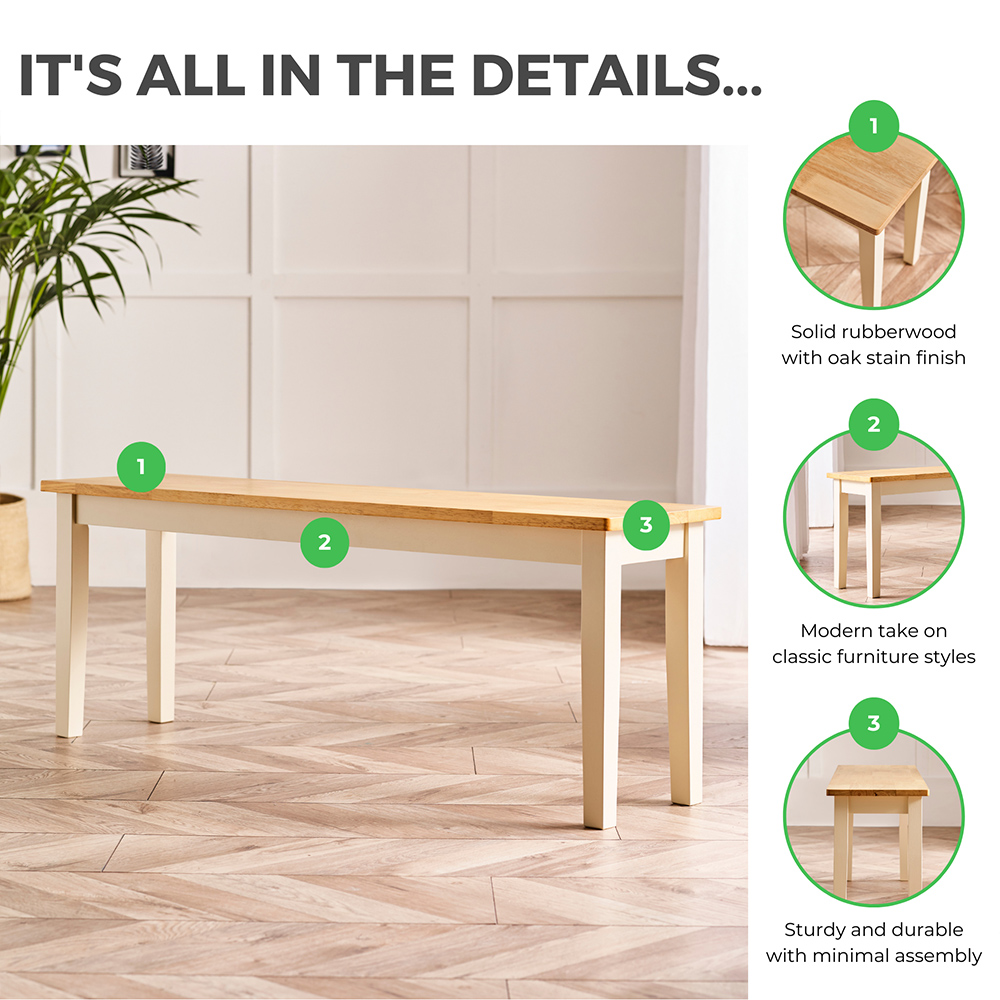 Furniturebox Terfyn 2 Seater Solid Wood Cream and Oak Dining Bench Image 6