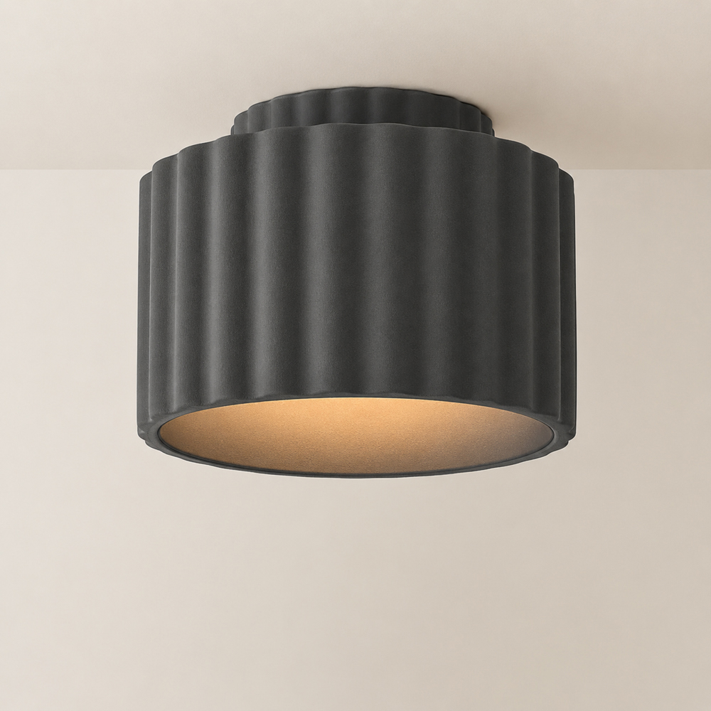 ValueLights Pablo Navy Ribbed Ceramic LED Flush Ceiling Light with Bulb Image 4