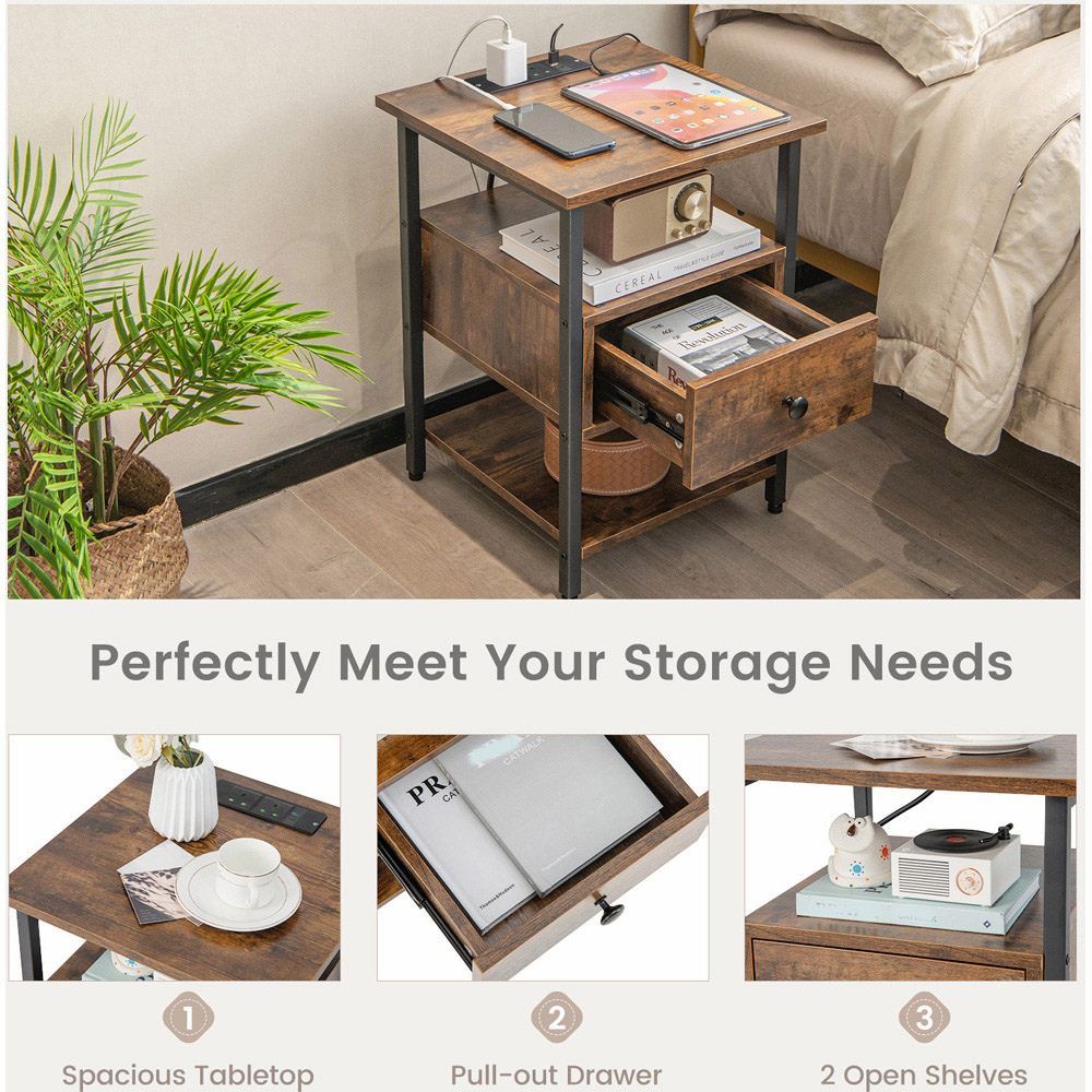 Costway Single Drawer 2 Shelf Brown Nightstand with Charging Station Image 4