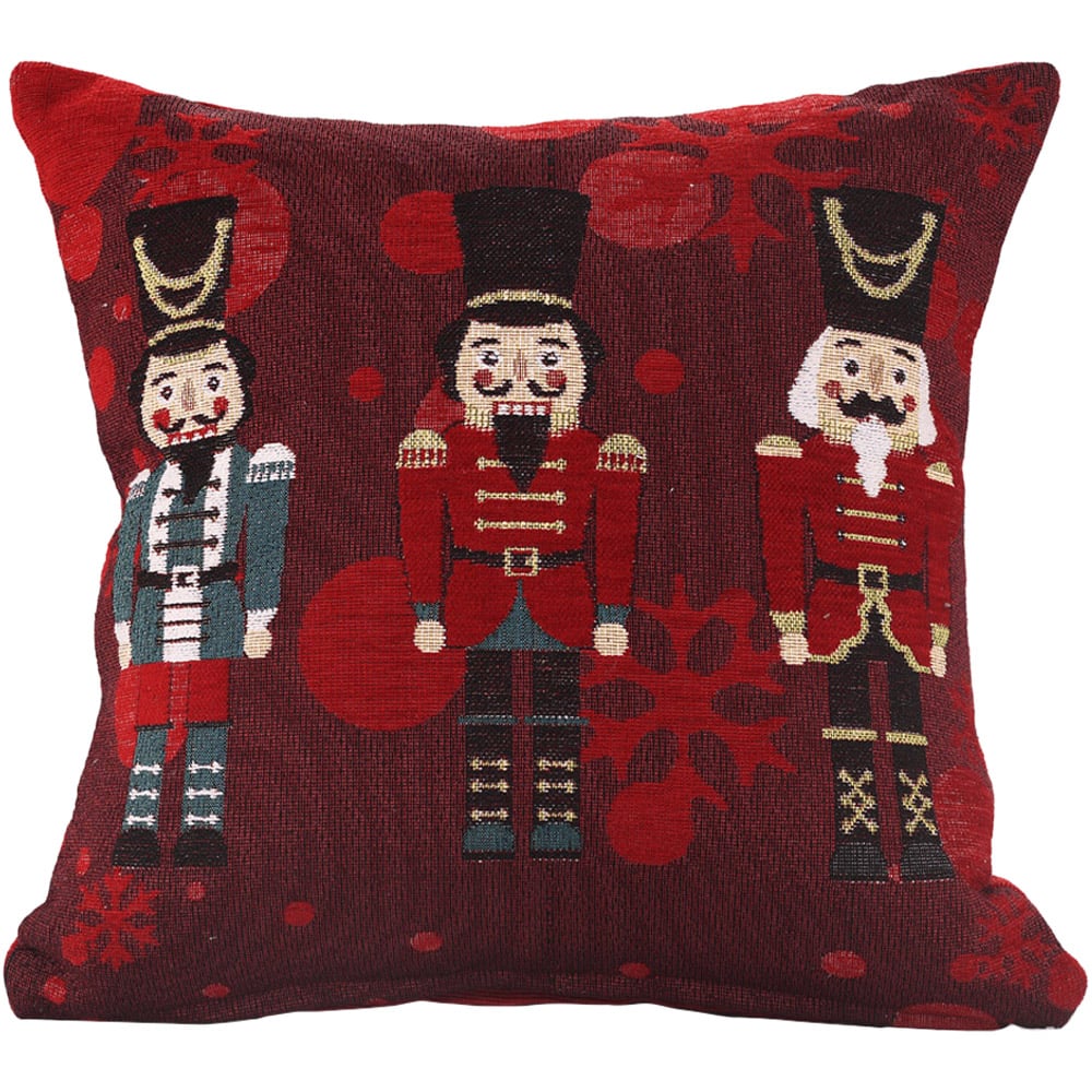 Noel Square Red Xmas Nutcracker Cotton Chenille Cushion Image 1
