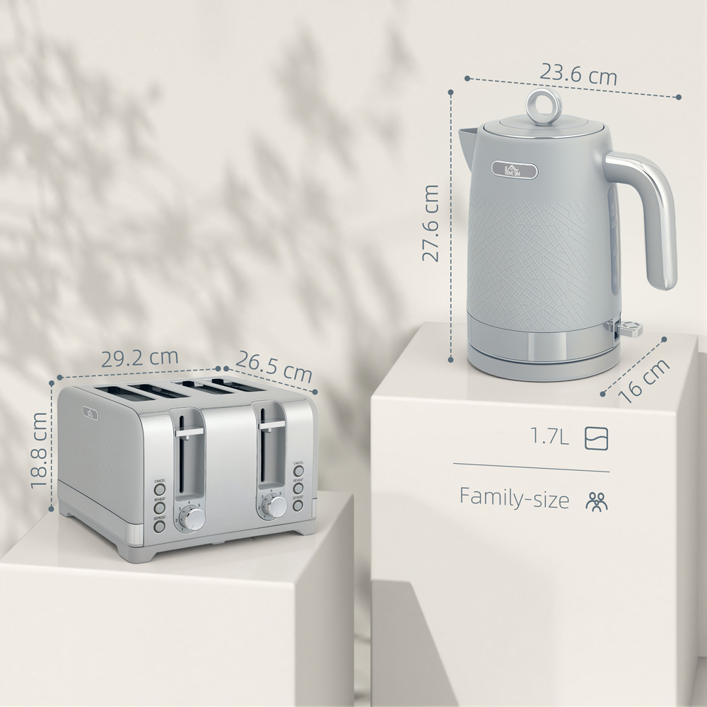 HOMCOM 800-288V70GY Grey 1.7L Kettle and 4 Slice Toaster Set with Rapid Boil 3000W Image 9