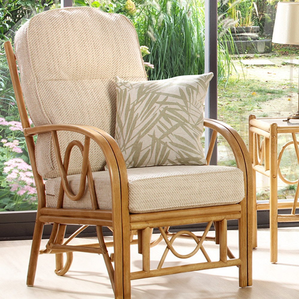 Desser Bali Beige and Cream Fabric Natural Rattan Armchair Image 1