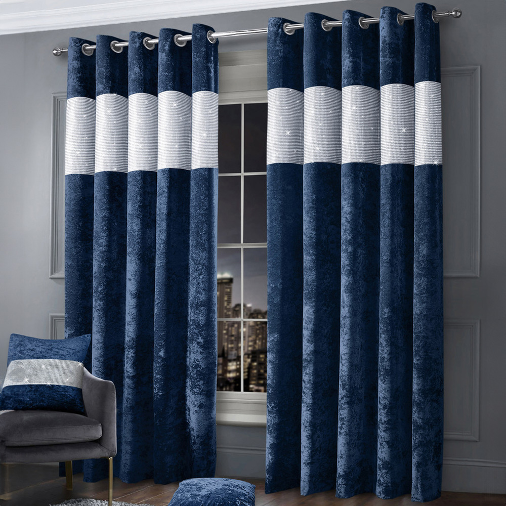 Intimates Diamante Navy Blue Crushed Velvet Eyelet Curtains 223 x 183cm Image 1