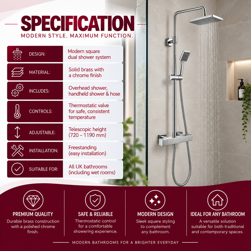 Go Bathrooms Riva Chrome Thermostatic Shower with Rainfall Head and Handset Image 4