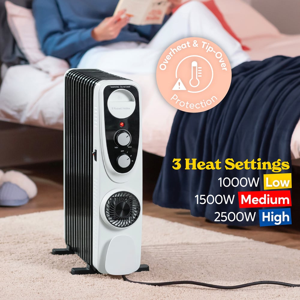 Russell Hobbs RHOFR2403 White and Black 13 Fin Manual Oil Filled Radiator Turbo Fan 2500W Image 5