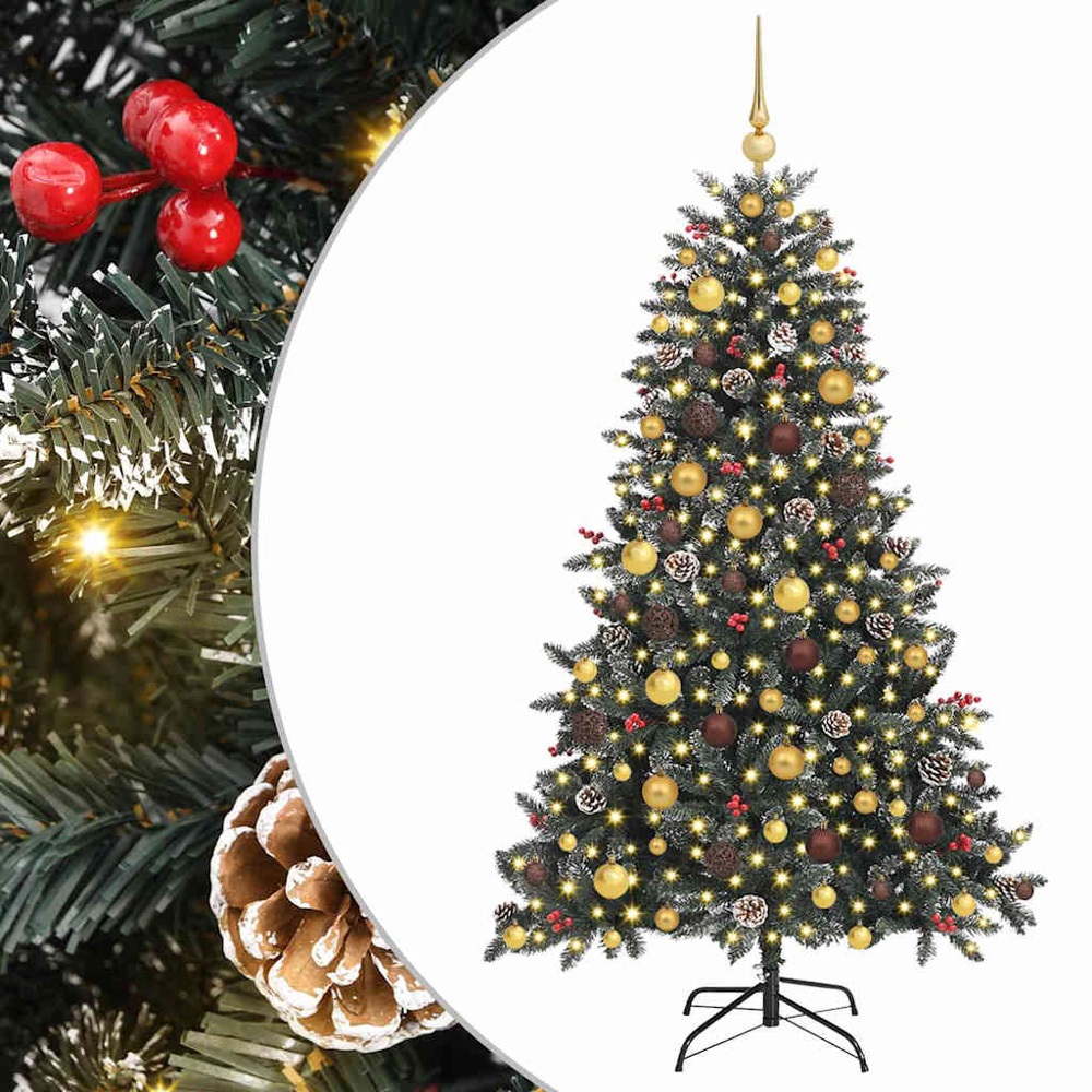 vidaXL Pre-Lit Gold Bronze Baubles and Pinecones Green Artificial Snow Tipped Christmas Tree 6ft Image 2