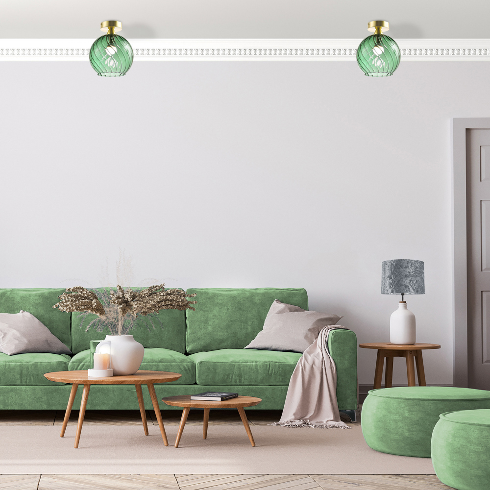 Happy Homewares Brushed Gold Ceiling Light with Emerald Green Glass Shade Image 2