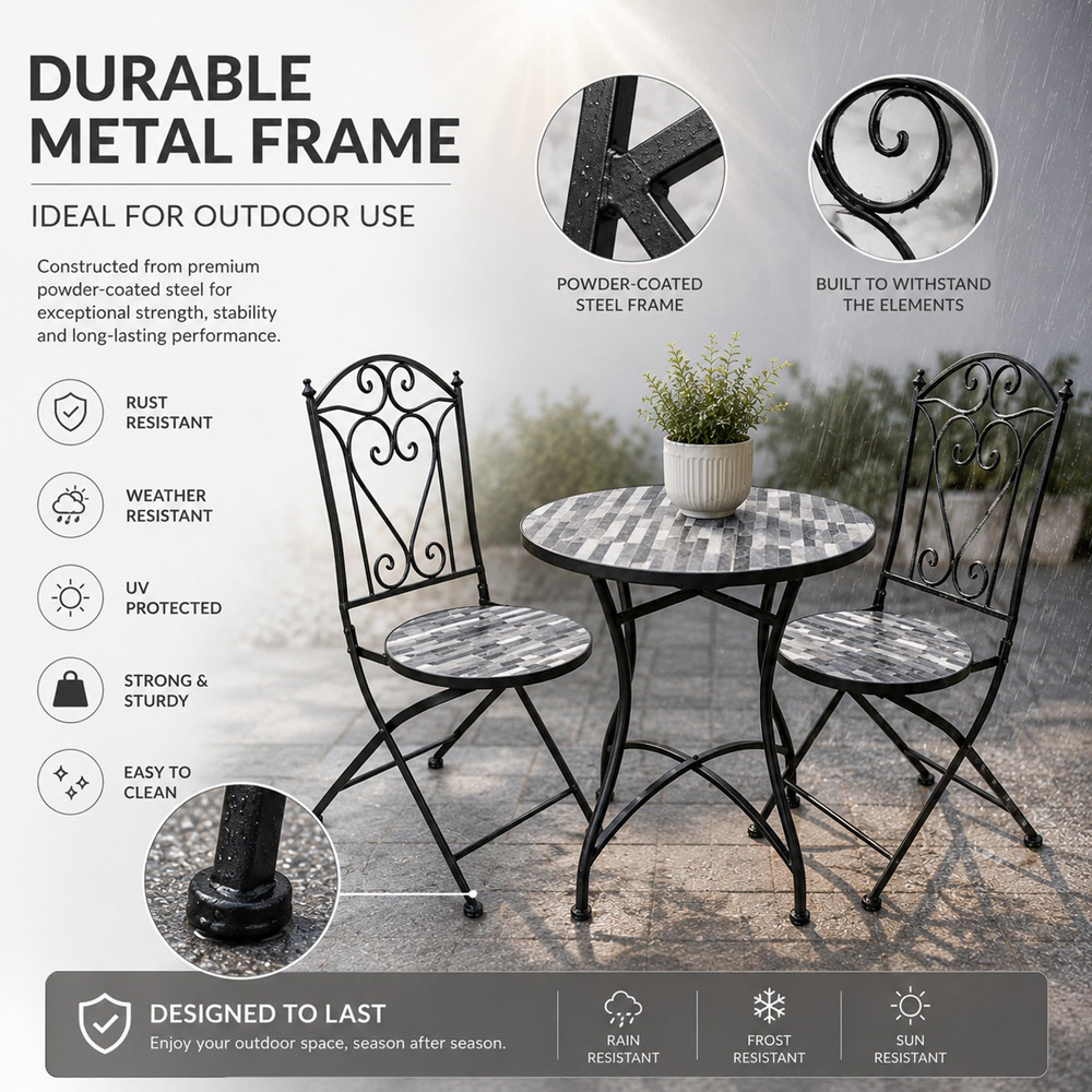Shatchi Cascade 2 Seater Mosaic Ceramic Tile Top Foldable Bistro Set Image 4