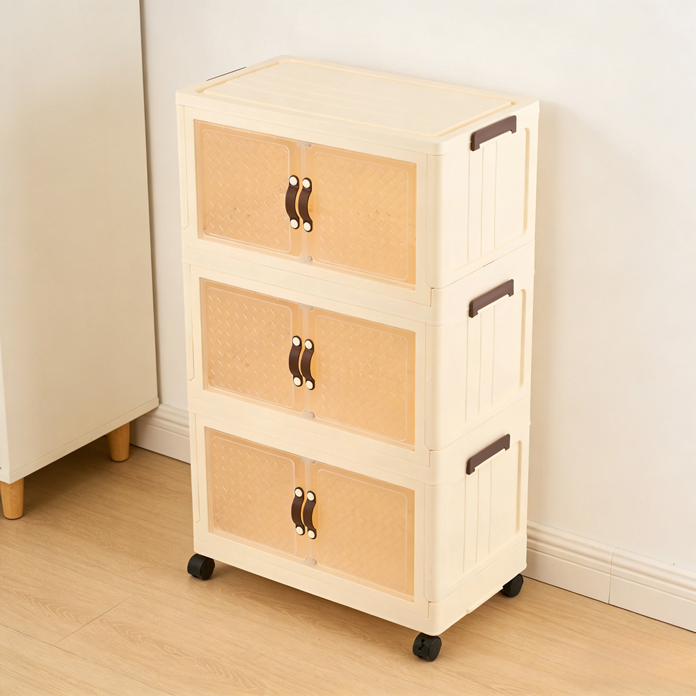 Living and Home 3-Tier Cream and Clear Transparent Foldable Storage Cabinet with Castors Image 2