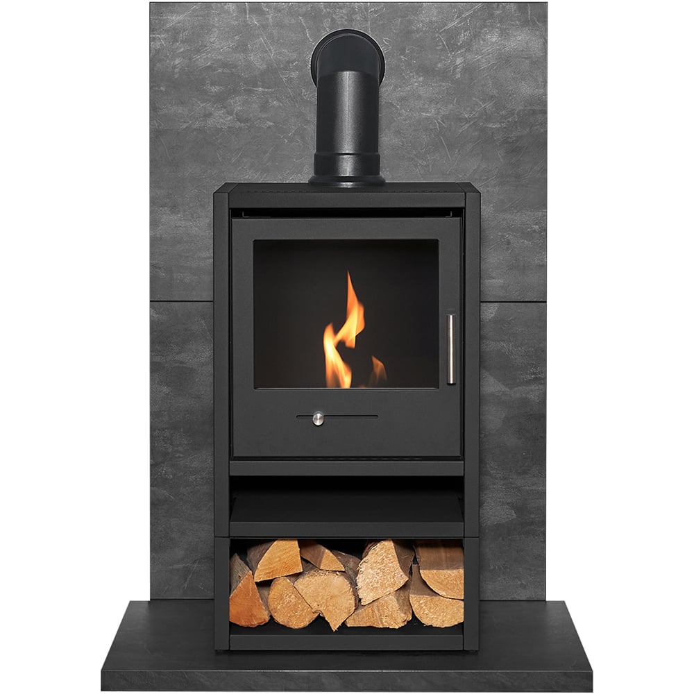 Acantha Slate Venetian Plaster Effect Tile and Hearth with OKO S1 Stove Log Store and Angled Pipe Image 3