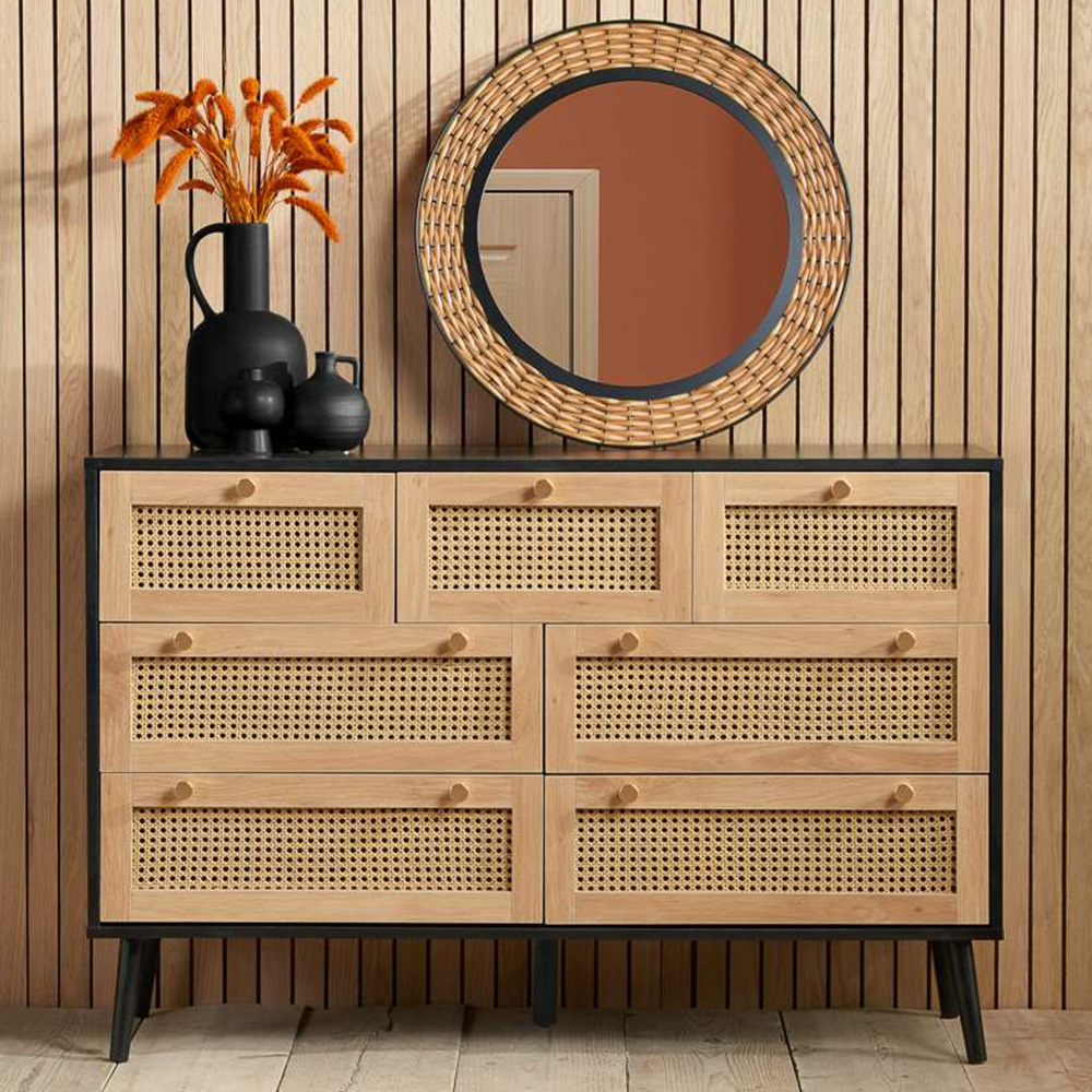 Croxley 7 Drawer Black and Oak Rattan Chest of Drawers Image 1