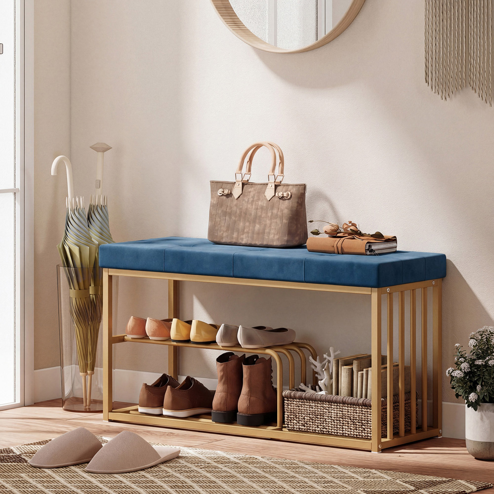 Portland 3 Shelf Dark Blue Shoe Rack Bench with Tufted Cushion Seat Image 2