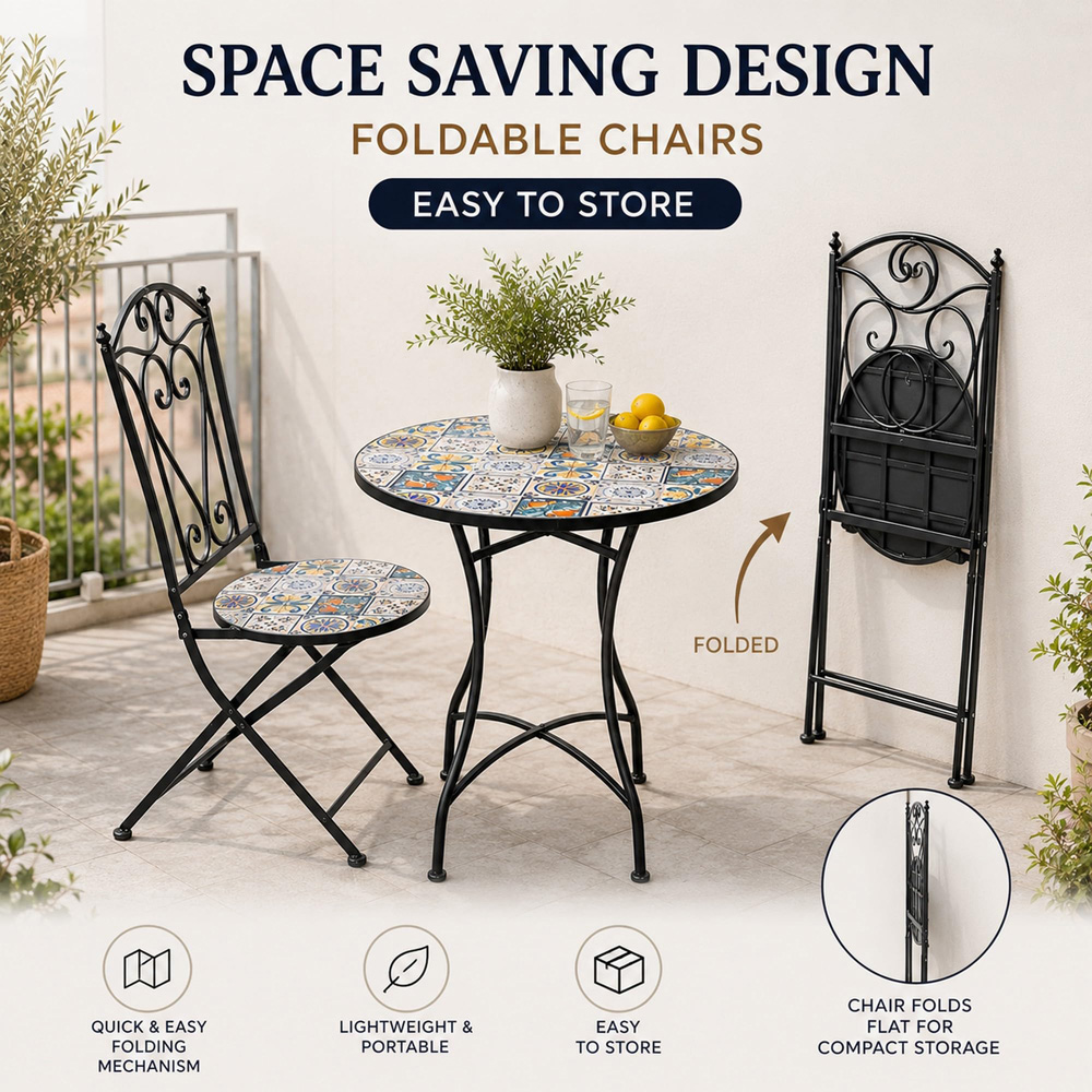 Shatchi Lisbon 2 Seater Mosaic Ceramic Tile Top Foldable Bistro Set Image 5