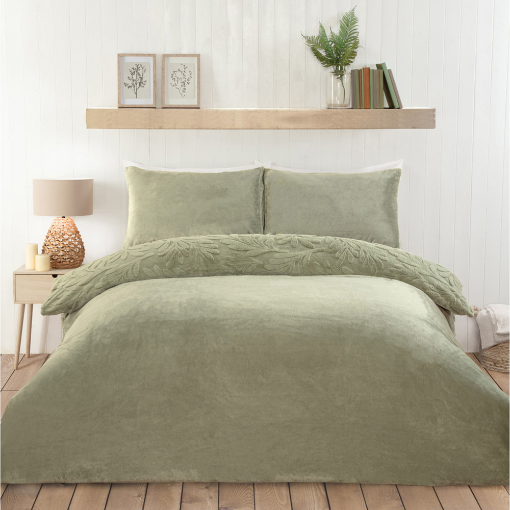 Embossed Leaves Faux Fur Duvet Set Sage Double Image 2