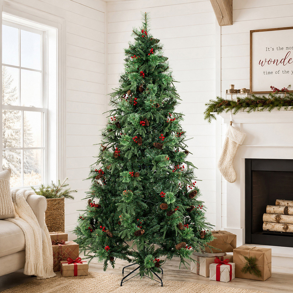Abrihome Green Artificial Christmas Tree with Berries and Pinecones 7ft Image 3