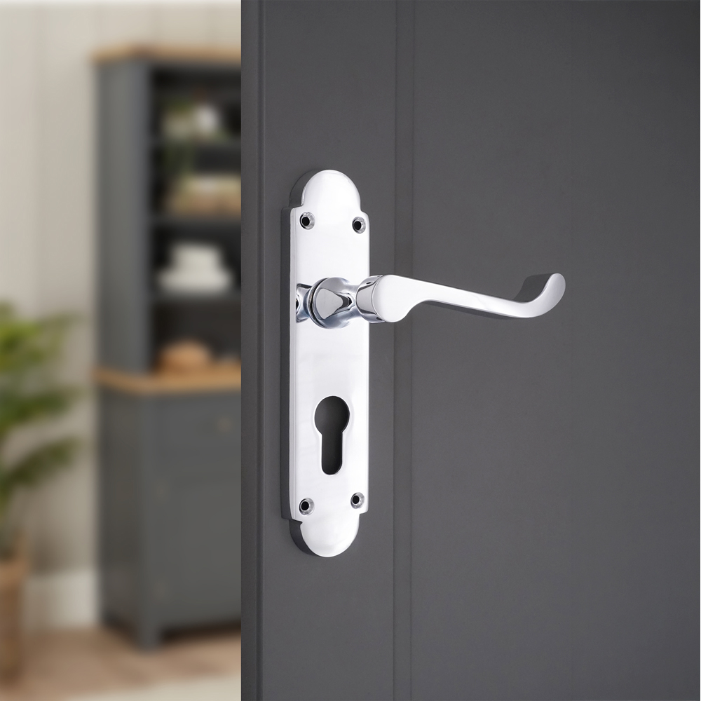 Spira Brass Oakley Polished Chrome Lever on Backplate Door Handle with Euro Keyhole 2 Pack Image 2