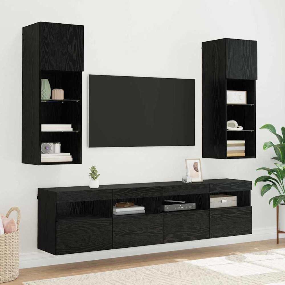 vidaXL Single Door Single Shelf Black Oak TV Cabinet with LED Lights Image 6