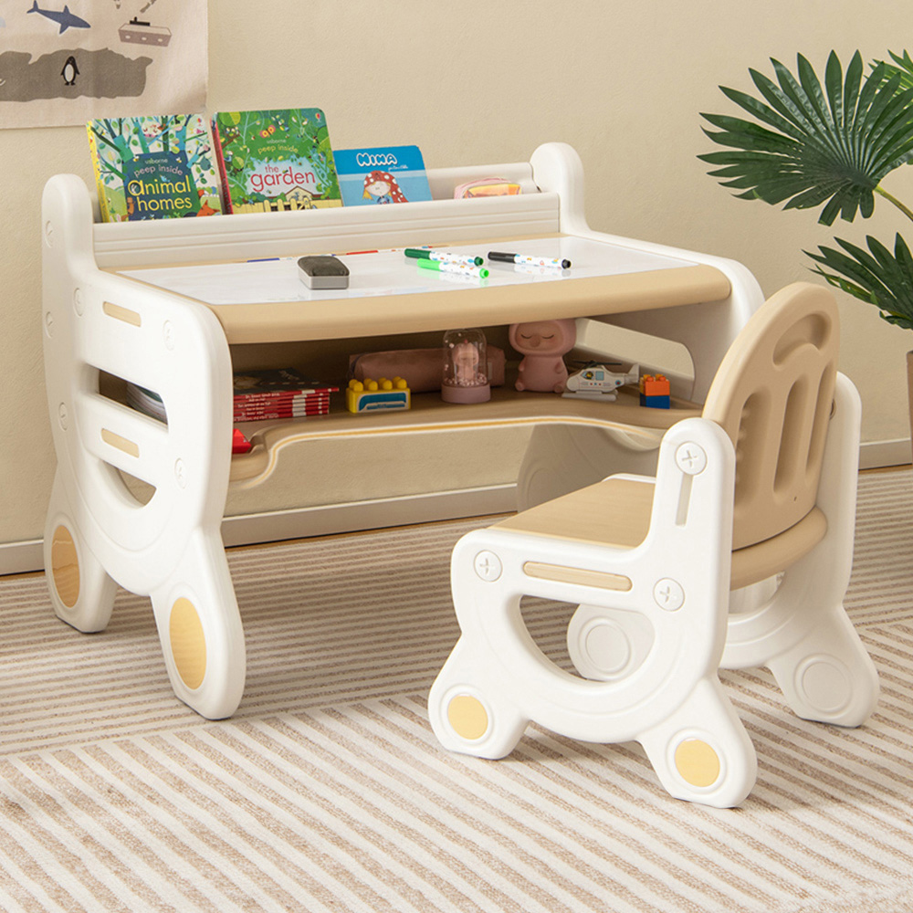 Costway Brown Kids Drawing Table and Chair Set with Watercolour Pens Image 1