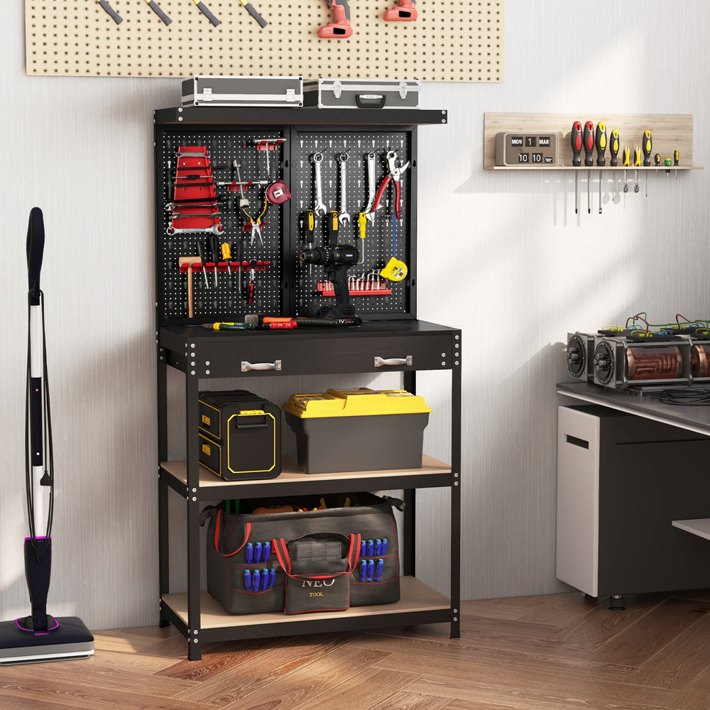 Costway Single Drawer 3 Shelf Red Tool Storage Workbench with Pegboard Image 2