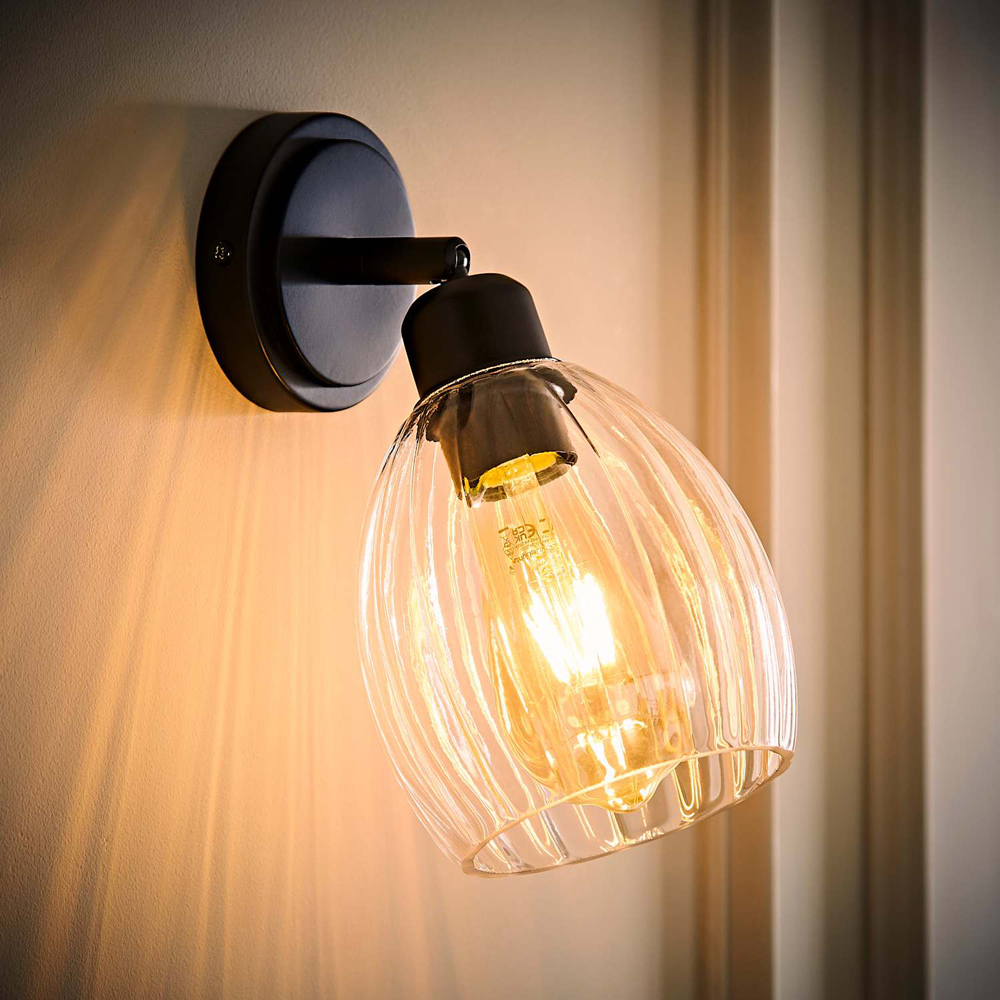 ValueLights Cheltenham Ribbed Shade Matte Black Adjustable Wall Spotlights with Bulbs 2 Pack Image 2