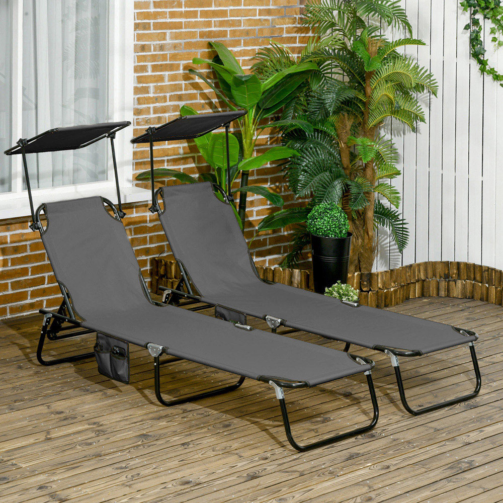 Outsunny Set of 2 Dark Grey Adjustable Folding Sun Lounger with Sunshade Roof Image 7