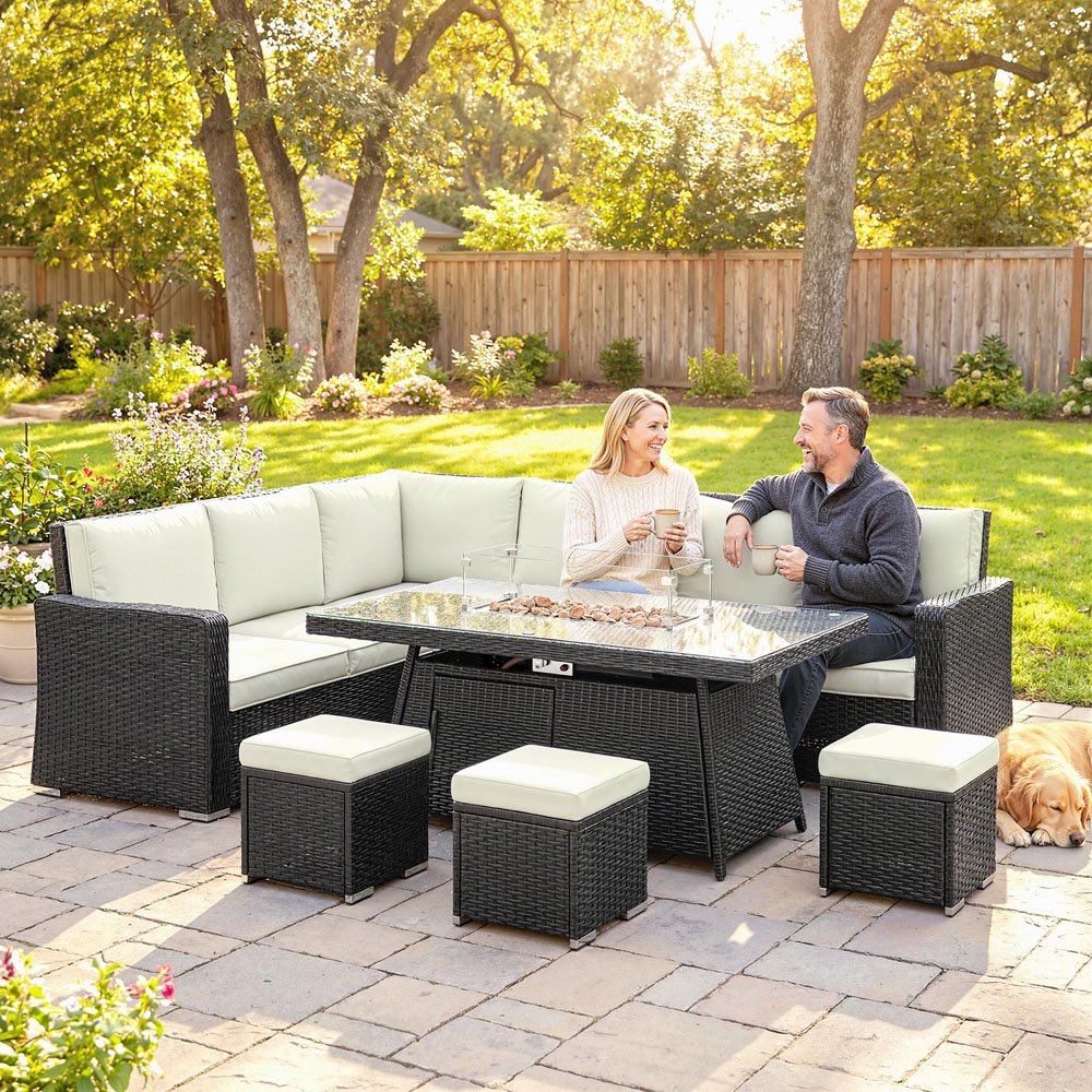 Outsunny 9 Seater White PE Rattan Garden Lounge Set with Fire Pit Table Image 5